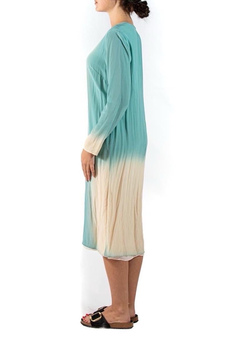 White 1990S Valentino Seafoam Green & Cream Silk Crepe De Chine Asian Floral Dress Wi For Sale