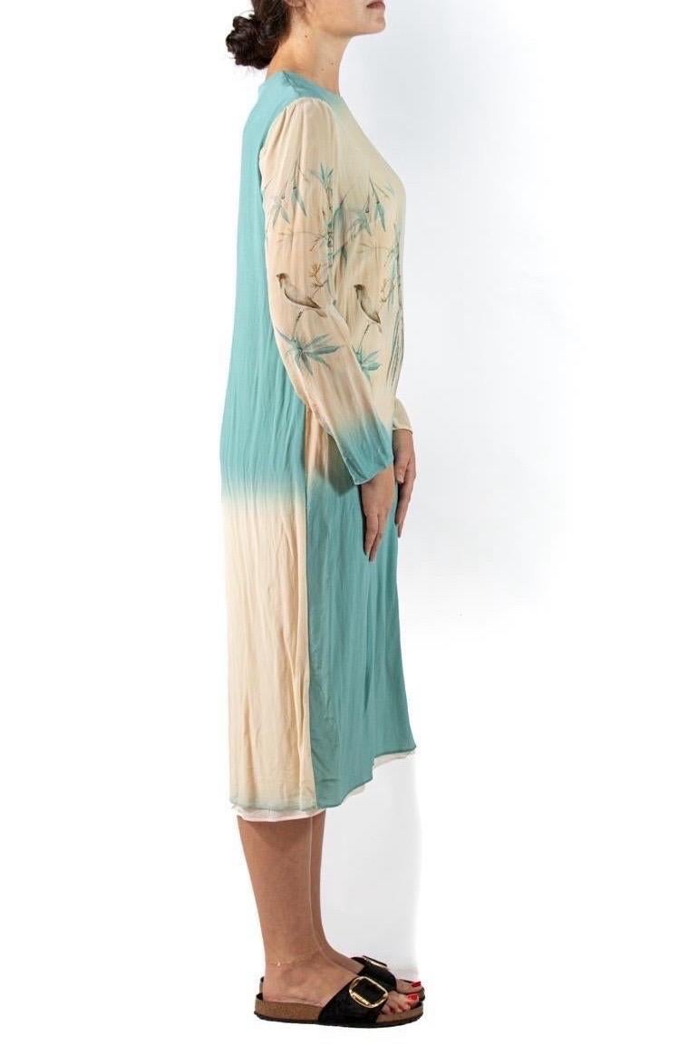 1990S Valentino Seafoam Green & Cream Silk Crepe De Chine Asian Floral Dress Wi In Excellent Condition For Sale In New York, NY
