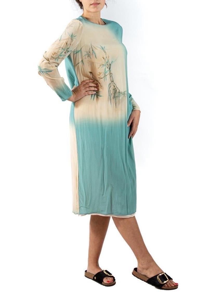 1990S Valentino Seafoam Green & Cream Silk Crepe De Chine Asian Floral Dress Wi For Sale 1