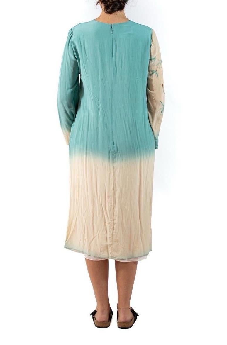 1990S Valentino Seafoam Green & Cream Silk Crepe De Chine Asian Floral Dress Wi For Sale 2