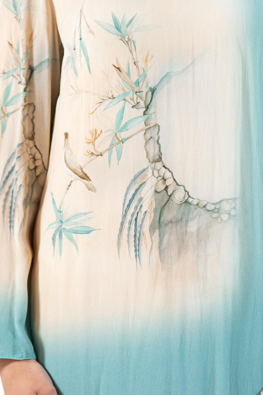 1990S Valentino Seafoam Green & Cream Silk Crepe De Chine Asian Floral Dress Wi For Sale 2