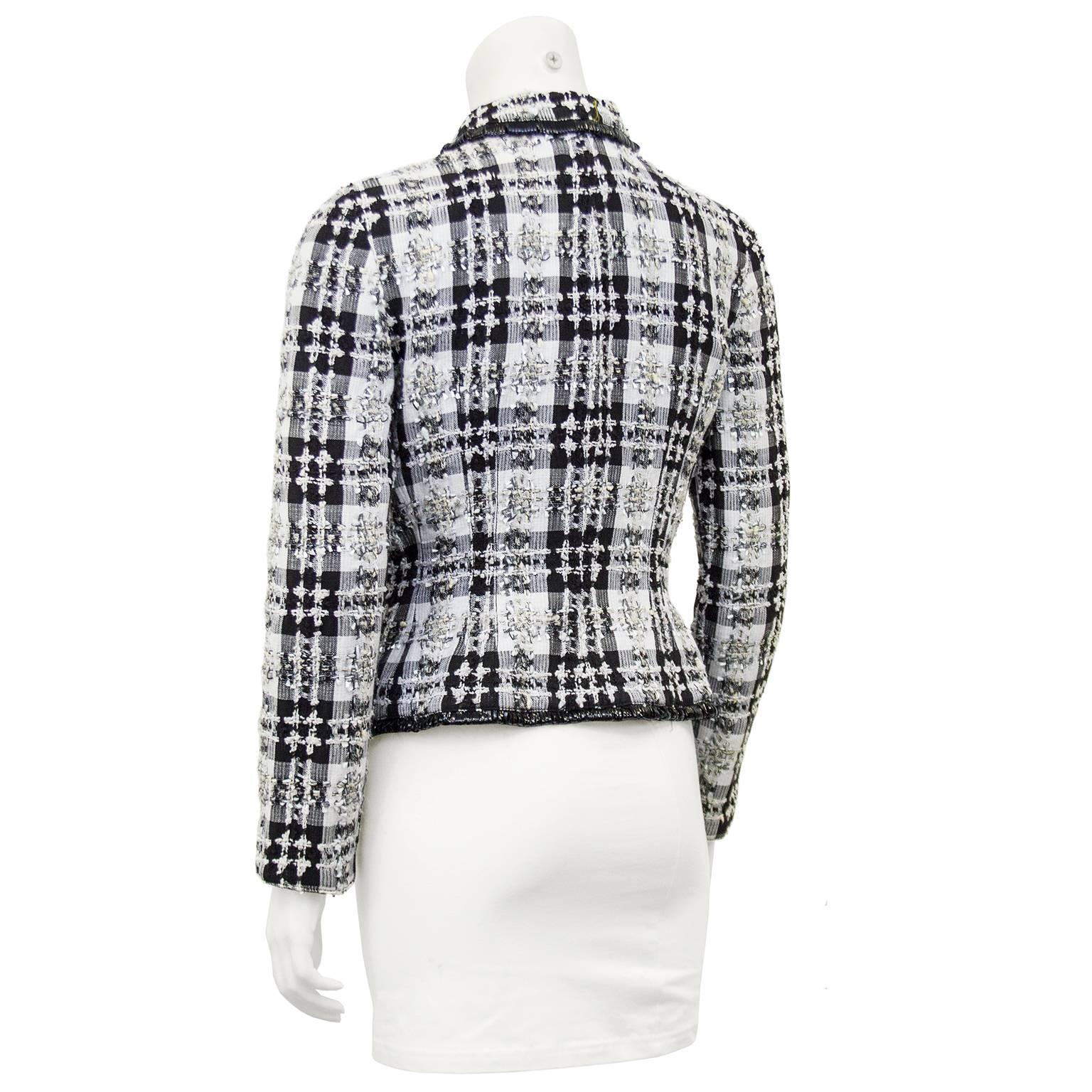 Gray 1990s Valentino White and Black Tweed Jacket with Vinyl Fringe Trim