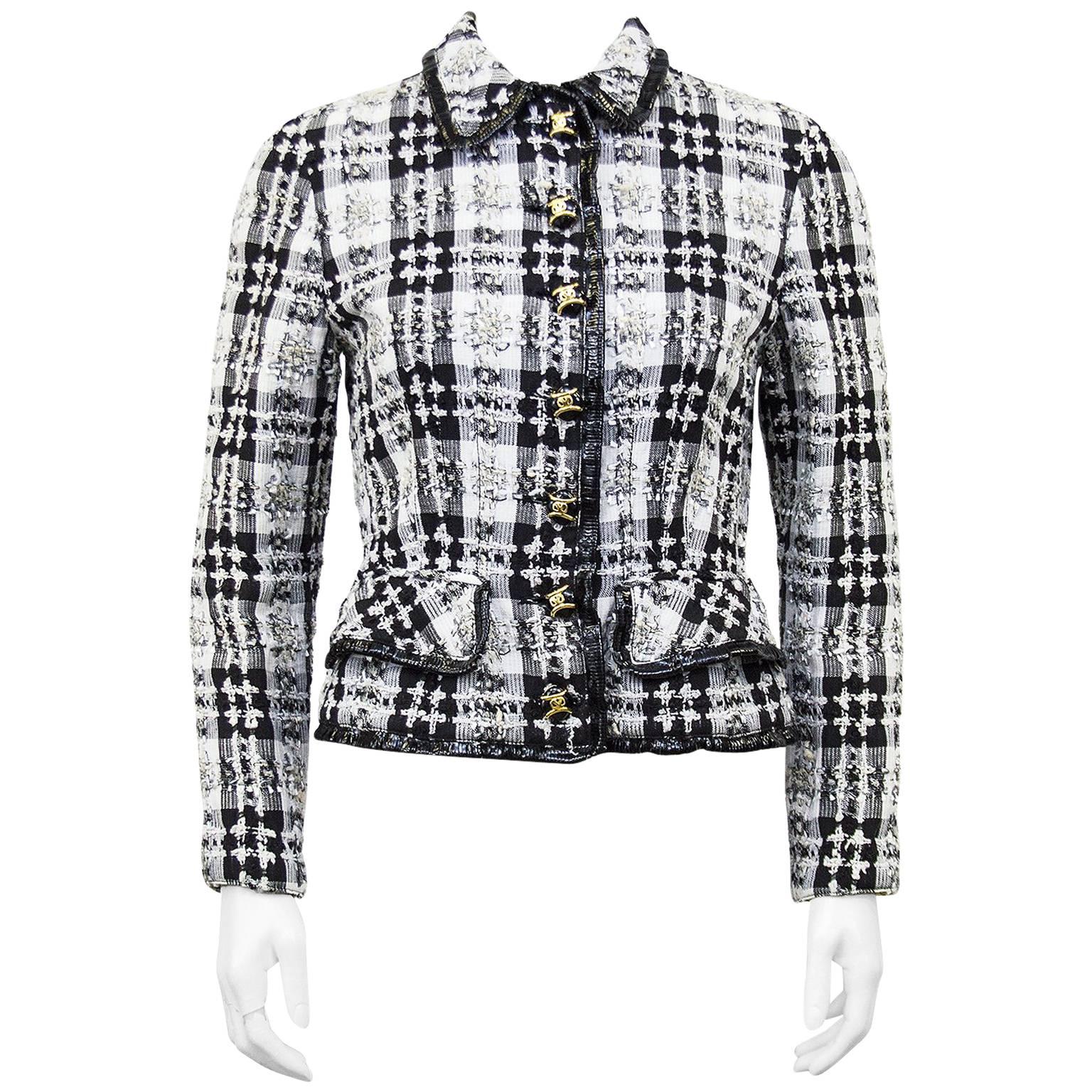 1990s Valentino White and Black Tweed Jacket with Vinyl Fringe Trim
