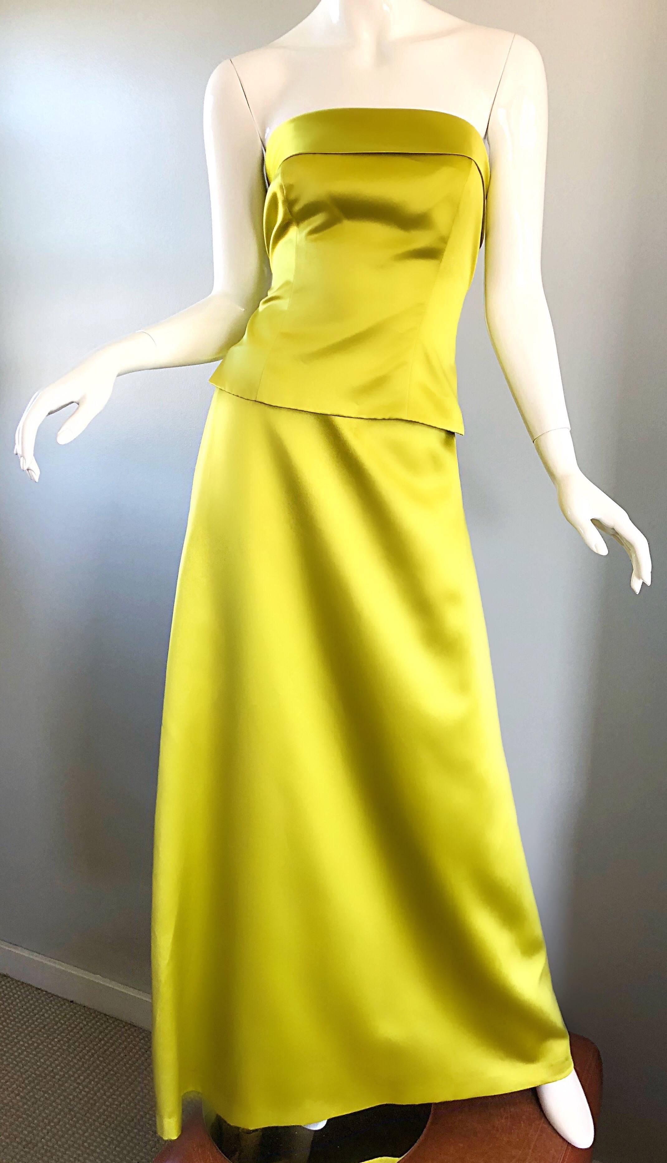 1990s Vera Wang Chartreuse Yellow Green Two Piece Satin Evening Gown Ensemble 1