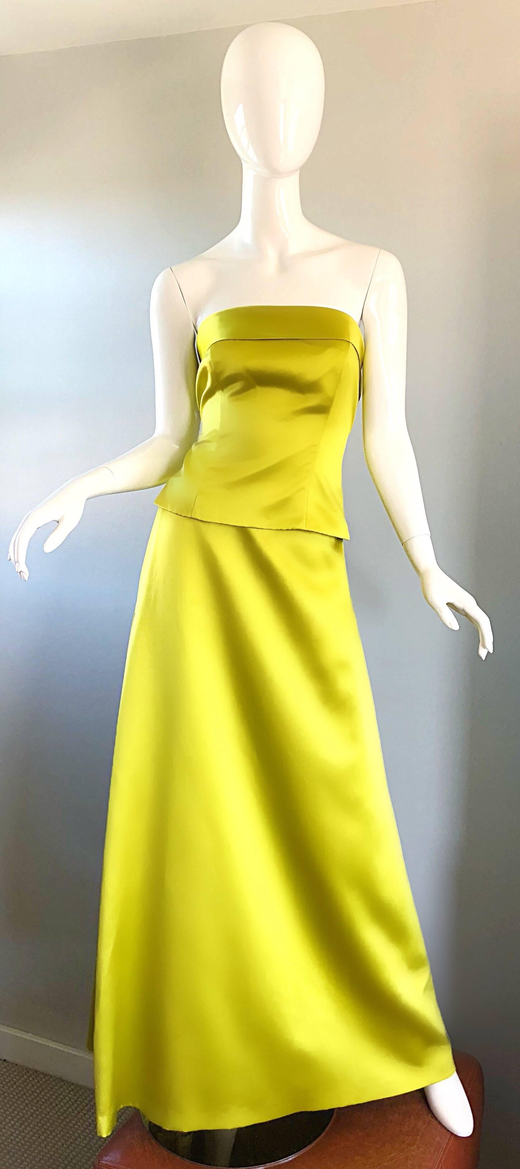 1990s Vera Wang Chartreuse Yellow Green Two Piece Satin Evening Gown Ensemble 2