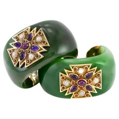 Verdura Green Jade Maltese Cross Cuff Bracelets