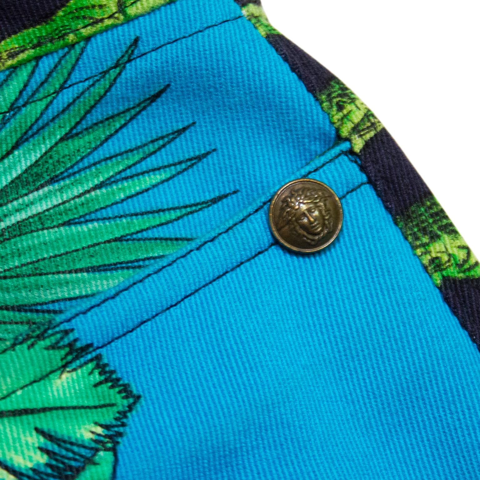 Blue 1990s Versace Alligator and Palm Tree Print Jeans  For Sale