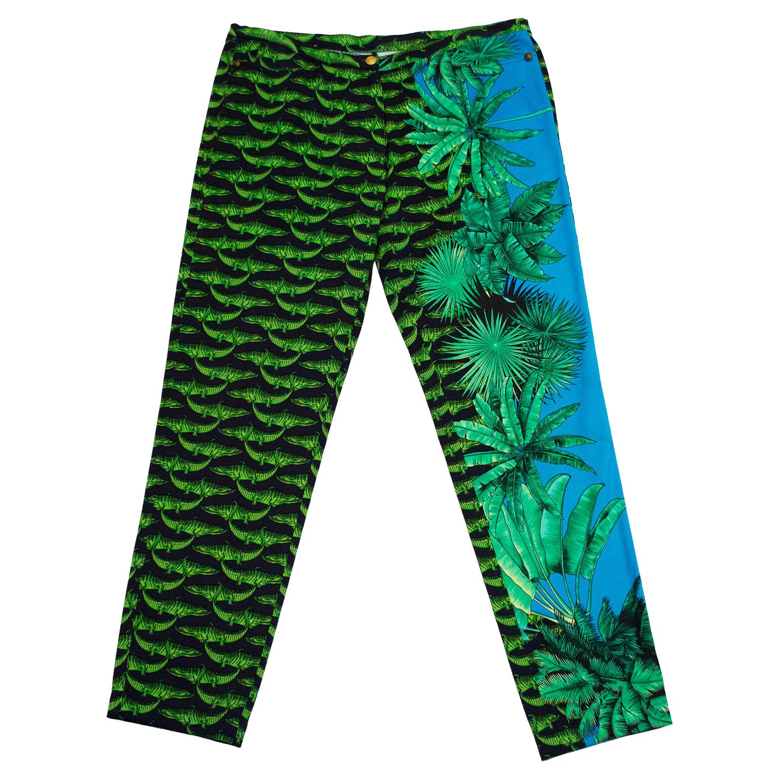 1990s Versace Alligator and Palm Tree Print Jeans  For Sale