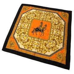 1990s Versace Baroque Style Orange Black and Gold Silk Italian Scarf 1990s Versace Baroque Style Orange Black and Gold Silk Italian Scarf