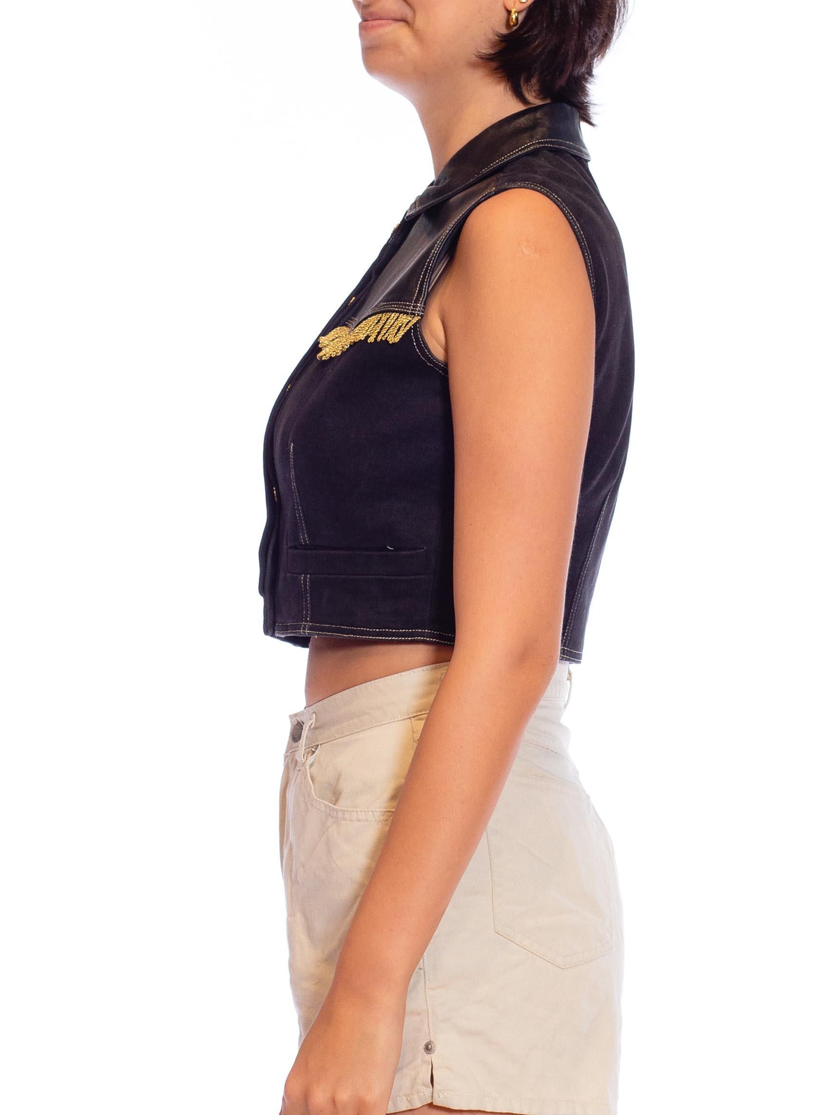 Beige 1990S VERSACE Black & Gold Cotton Leather Versus Brand Western Top With Fringe