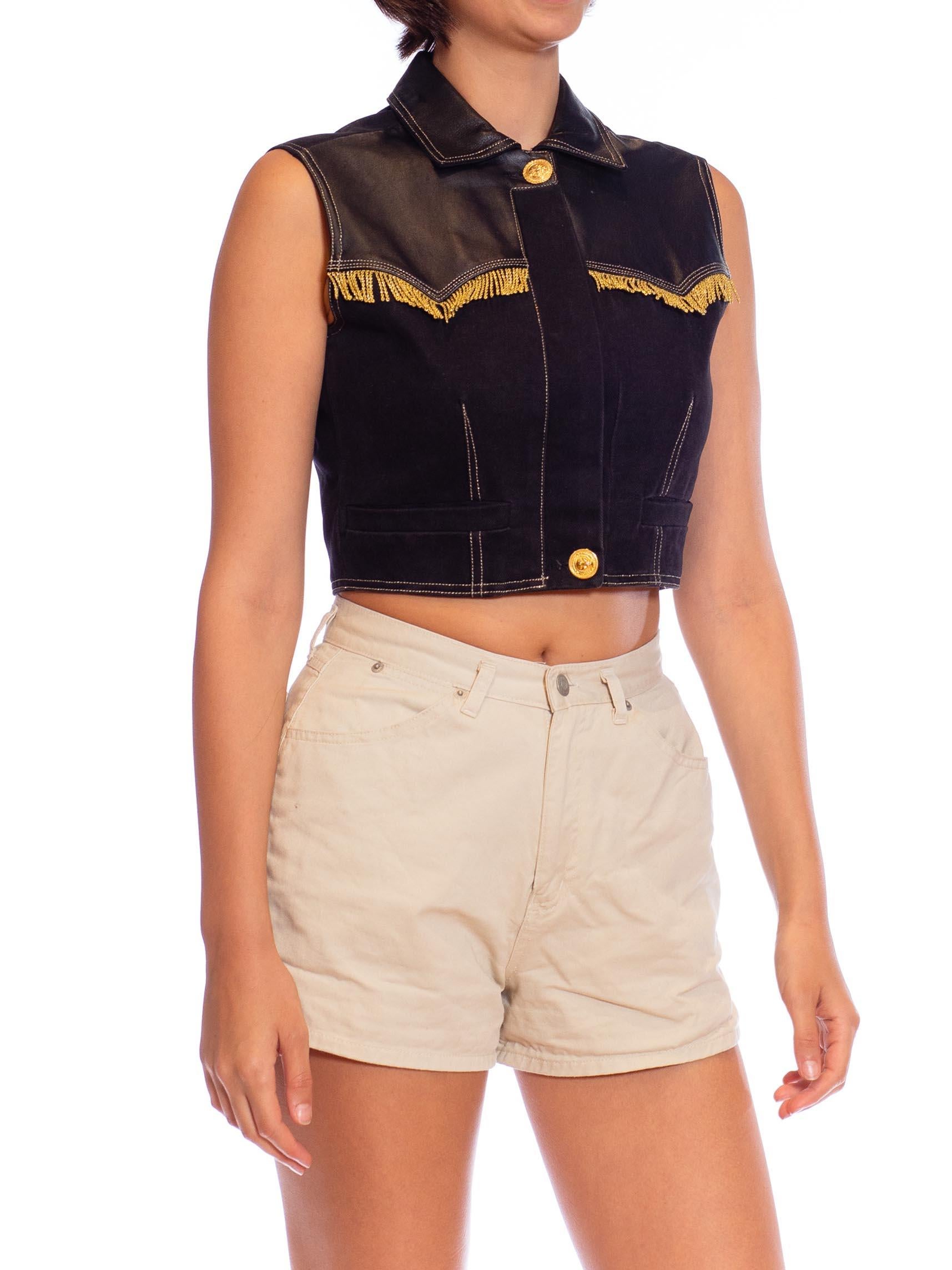 Women's 1990S VERSACE Black & Gold Cotton Leather Versus Brand Western Top With Fringe