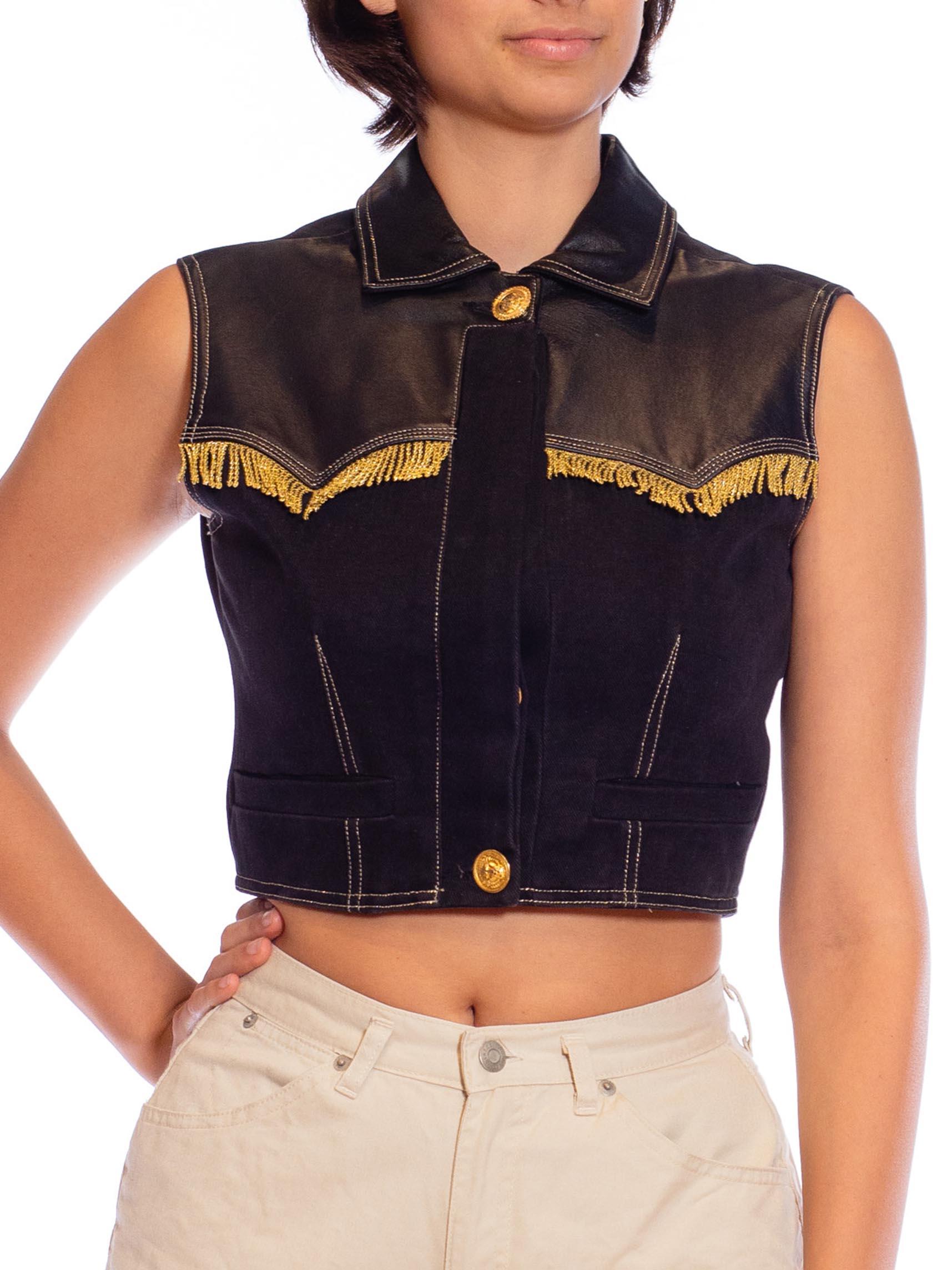 1990S VERSACE Black & Gold Cotton Leather Versus Brand Western Top With Fringe 1