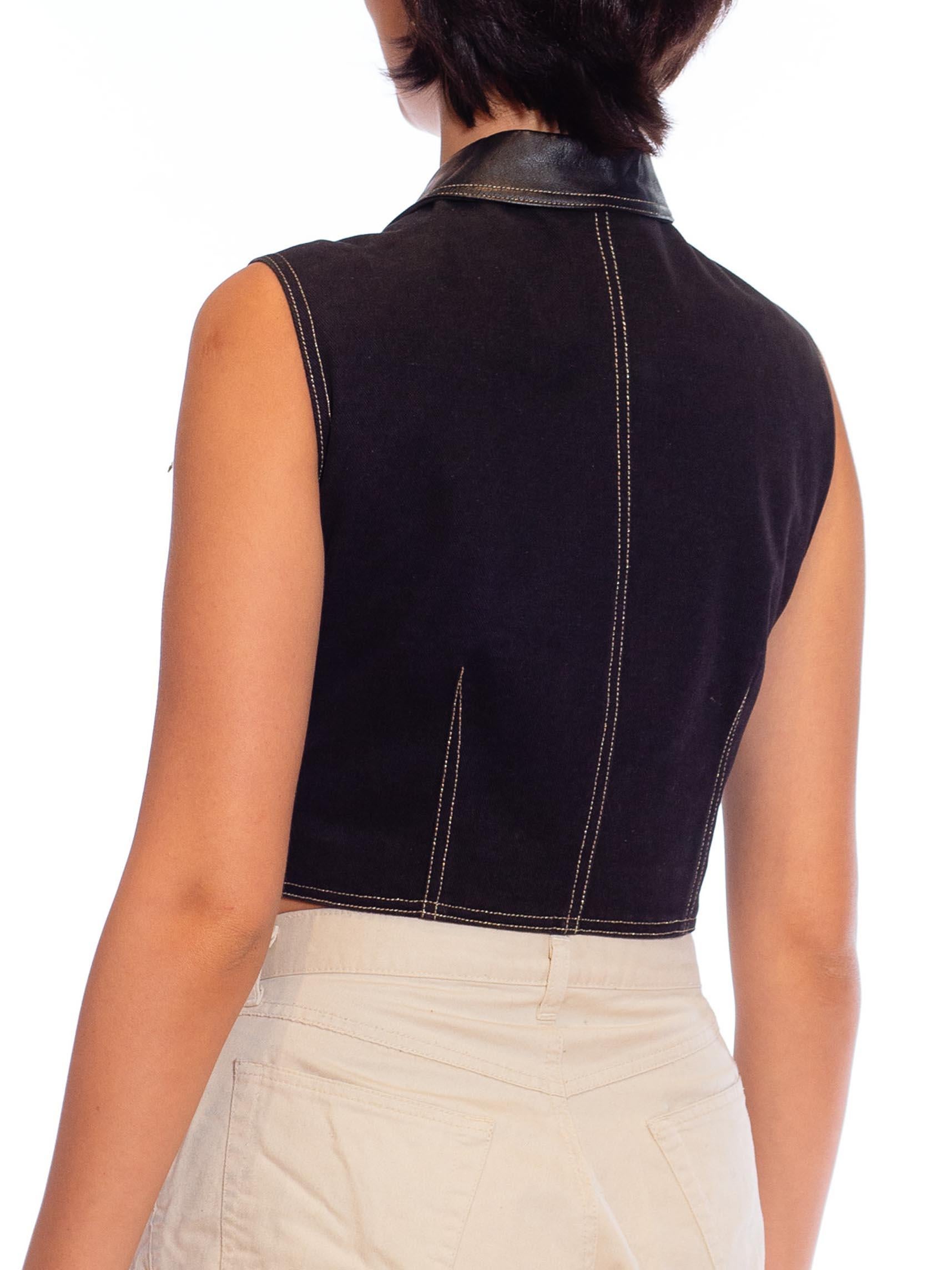 1990S VERSACE Black & Gold Cotton Leather Versus Brand Western Top With Fringe 3