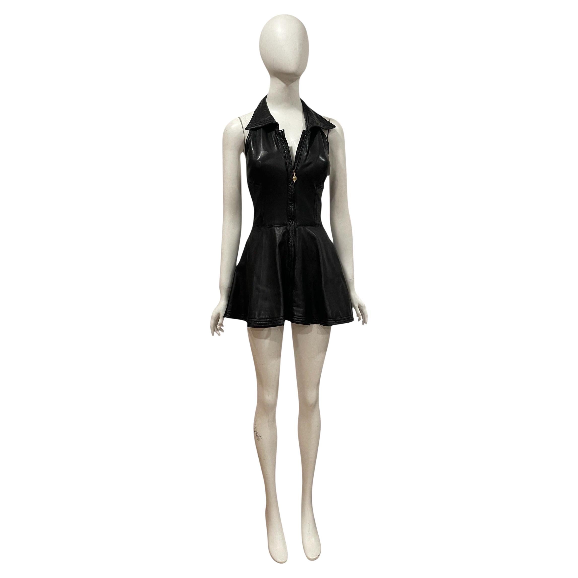 1990s Versace black leather mini halter dress with zip front