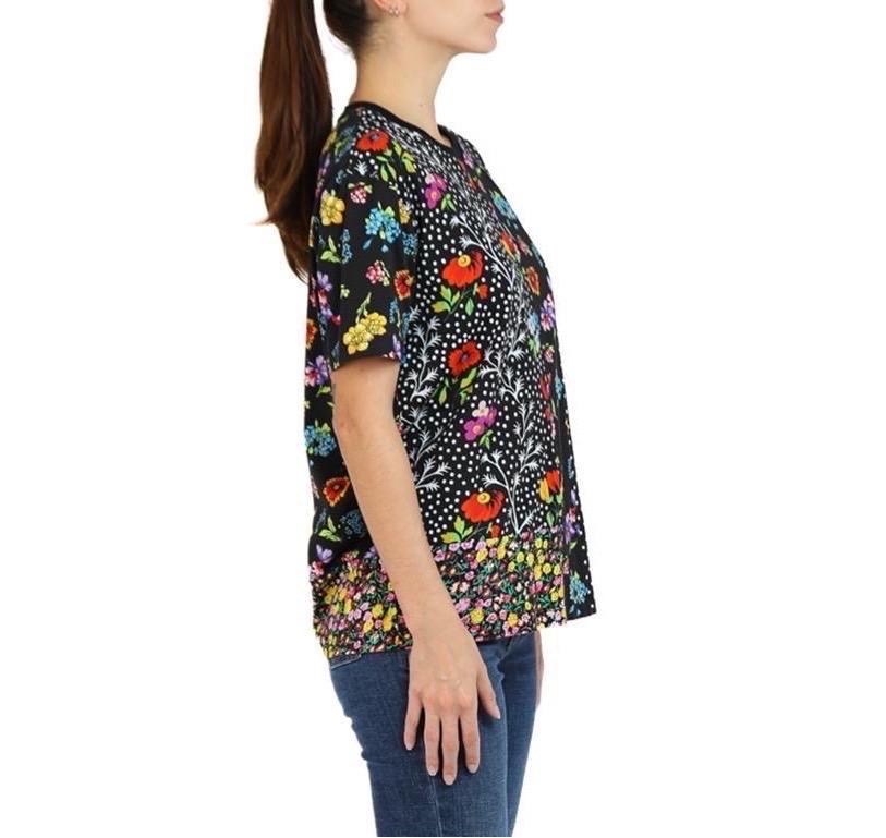 1990S Versace Black & Multicolor Floral Polka Dot Cotton Shirt For Sale 1