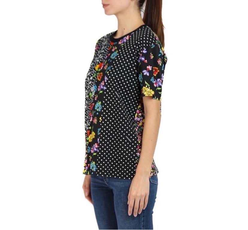 1990S Versace Black & Multicolor Floral Polka Dot Cotton Shirt For Sale 2