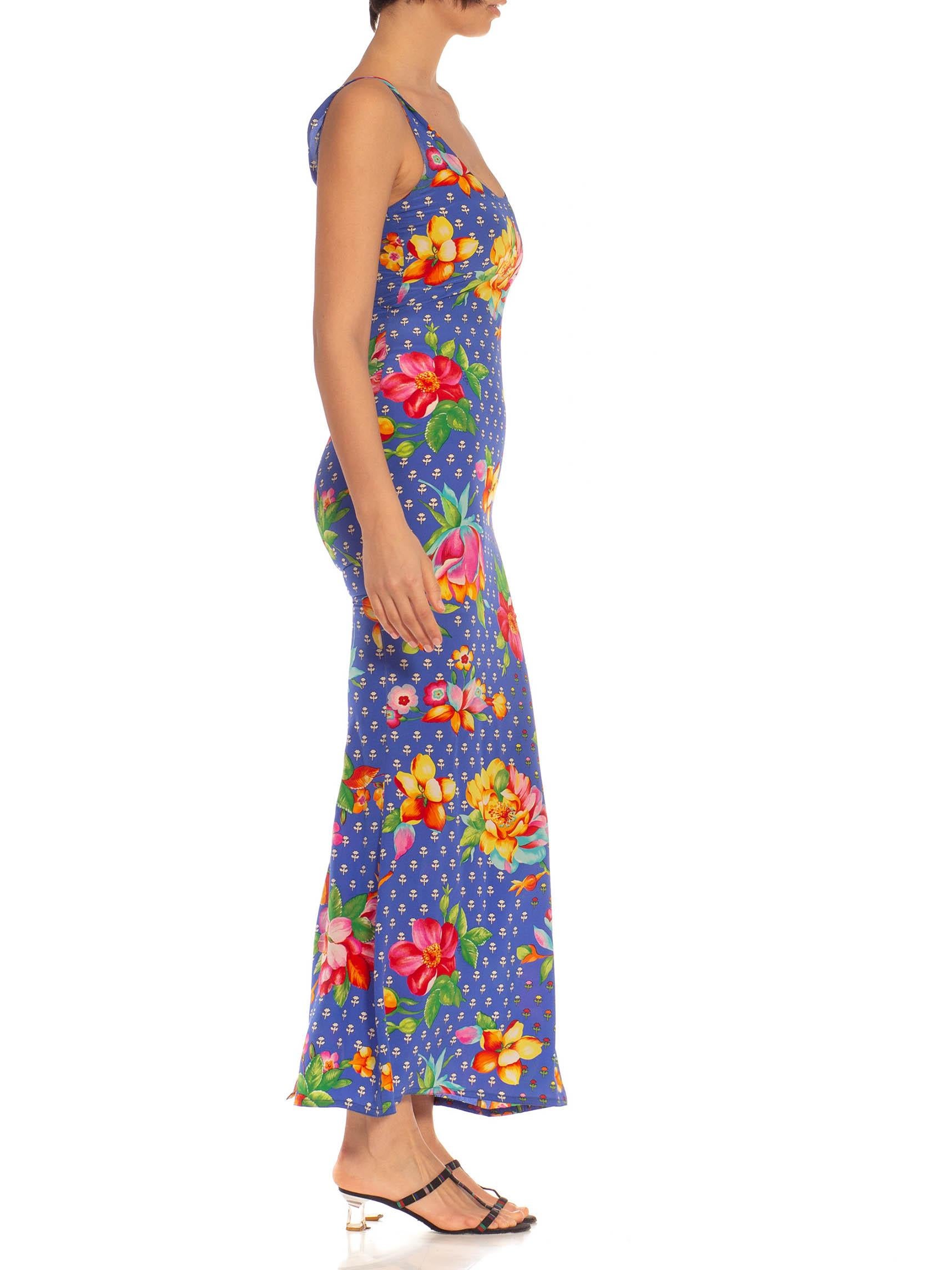 1990S VERSACE Blue Floral Silk Dress In Excellent Condition In New York, NY