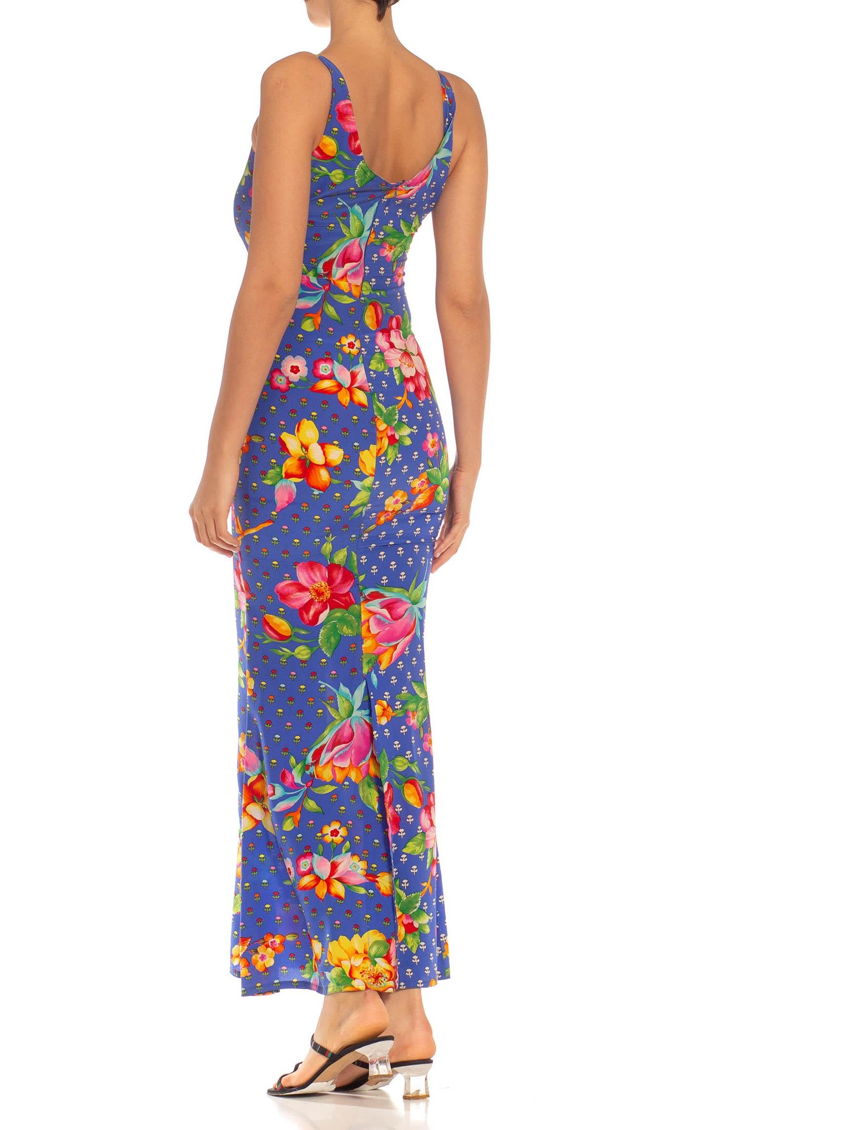 1990S VERSACE Blue Floral Silk Dress 1