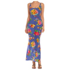 1990S VERSACE Blue Floral Silk Dress
