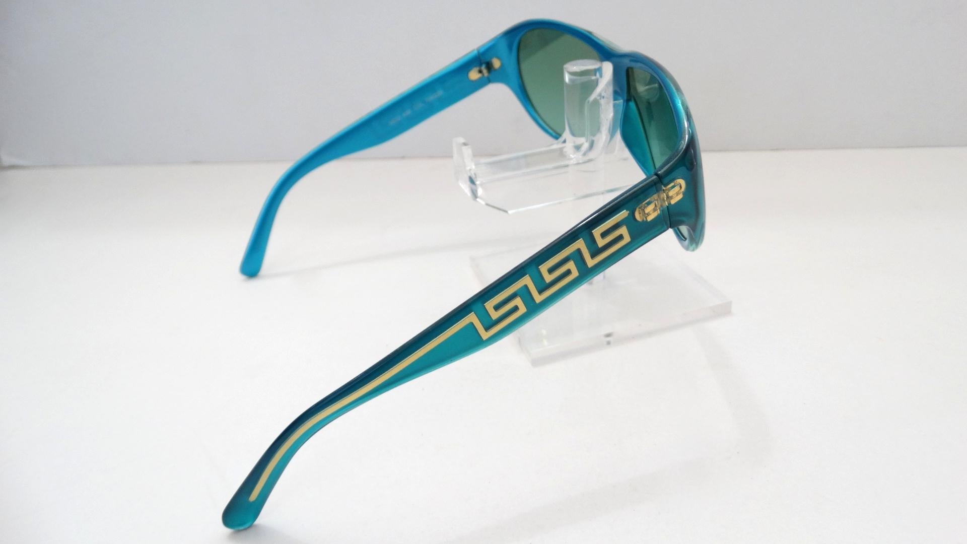 Versace 1990s Blue Greek Key Shield Sunglasses  In Good Condition In Scottsdale, AZ