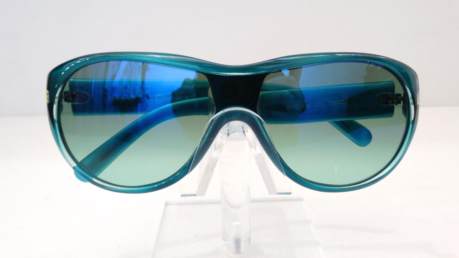 Women's or Men's Versace 1990s Blue Greek Key Shield Sunglasses 