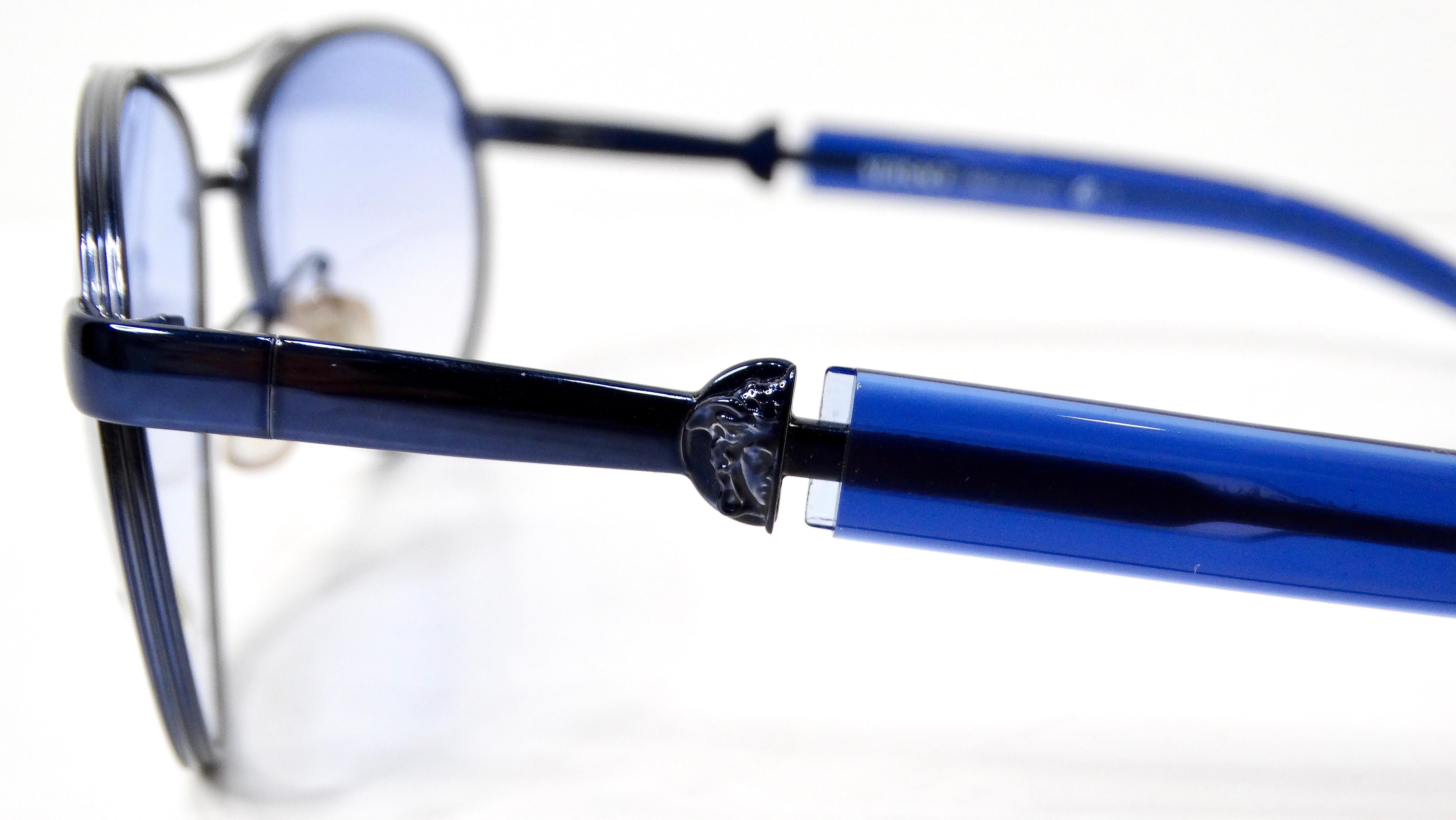 1990s Versace Blue Tinted Metal Aviator Frame Sunglasses In Good Condition For Sale In Scottsdale, AZ