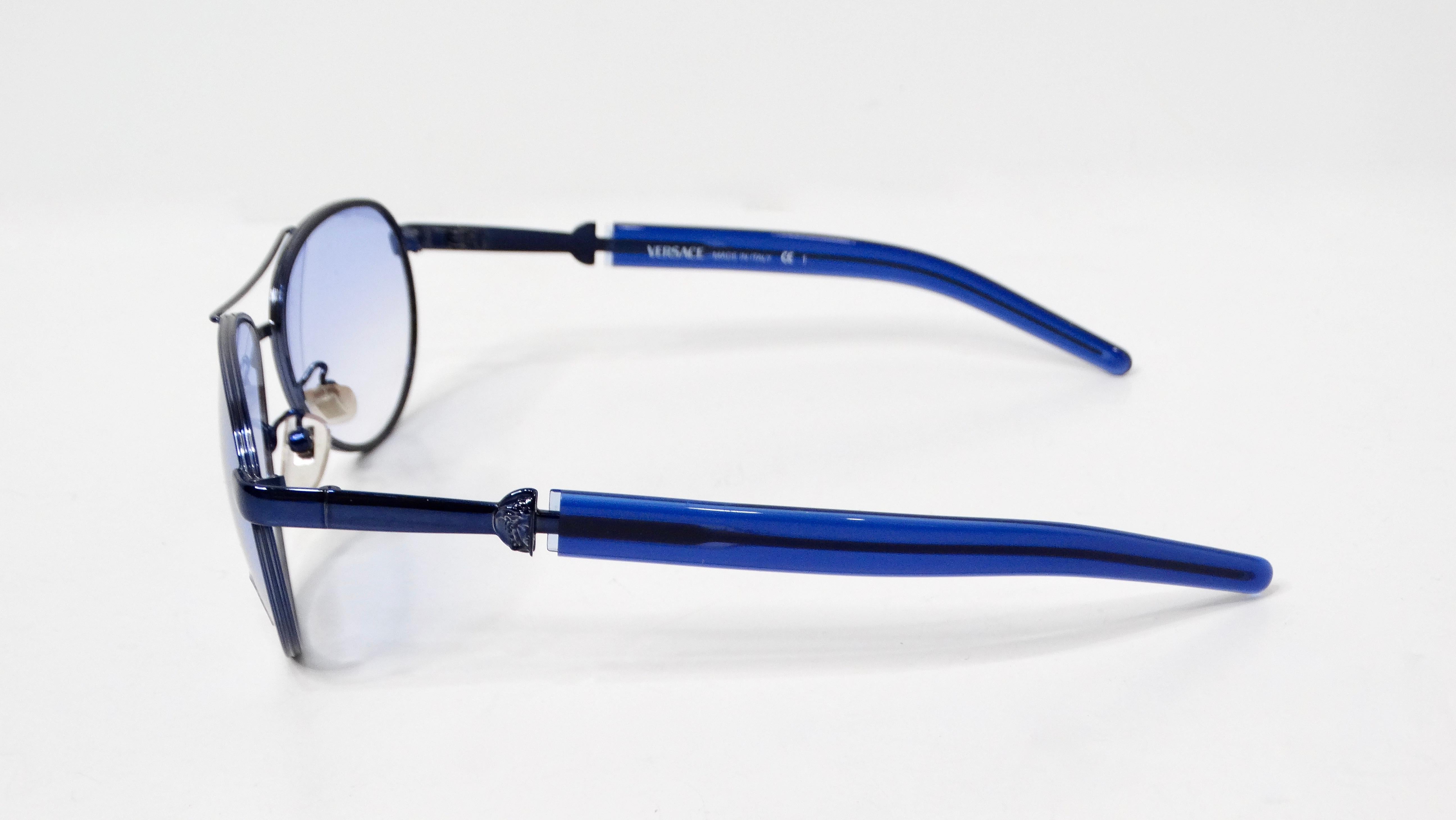 Women's or Men's 1990s Versace Blue Tinted Metal Aviator Frame Sunglasses For Sale