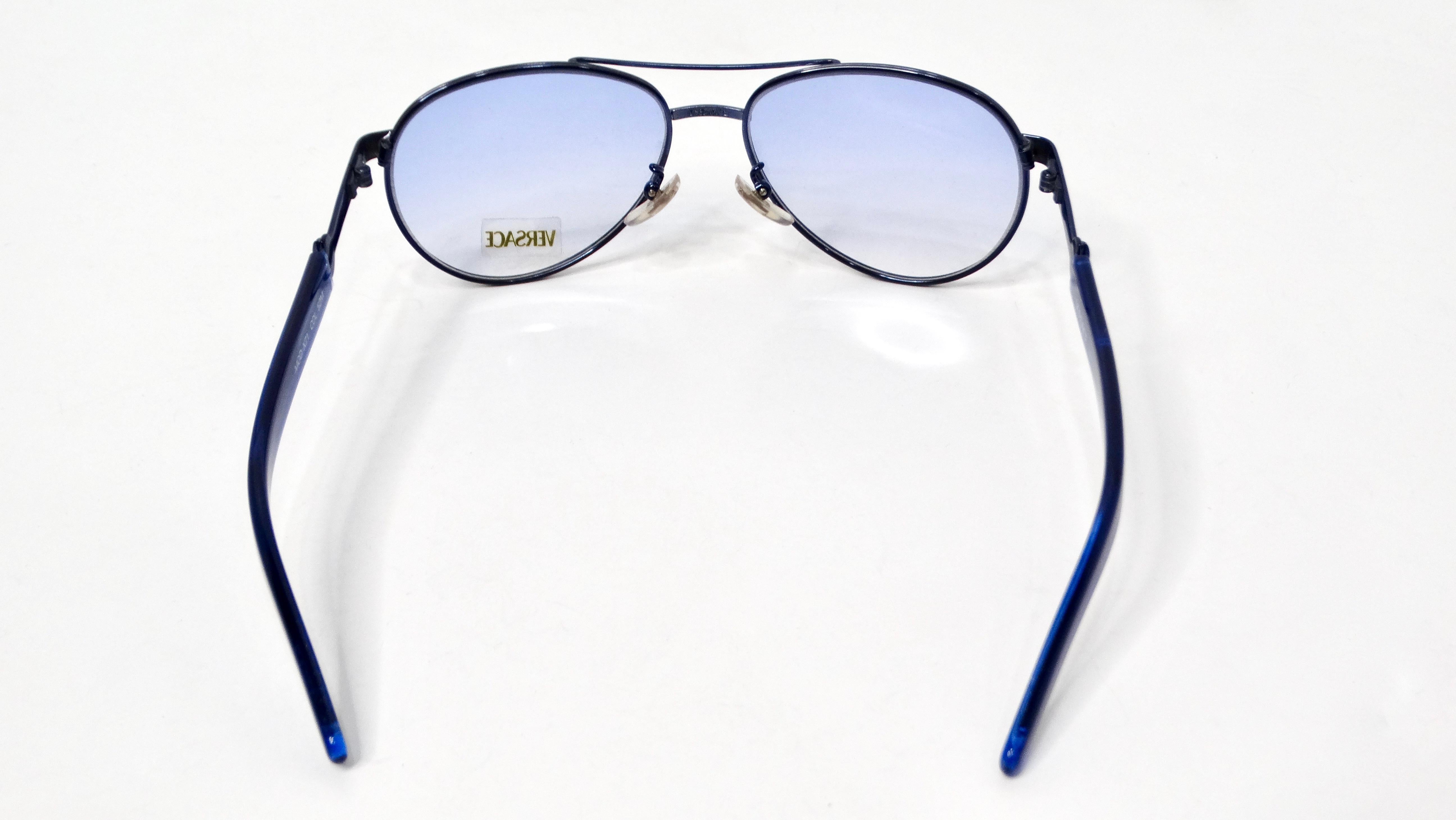 1990s Versace Blue Tinted Metal Aviator Frame Sunglasses For Sale 1