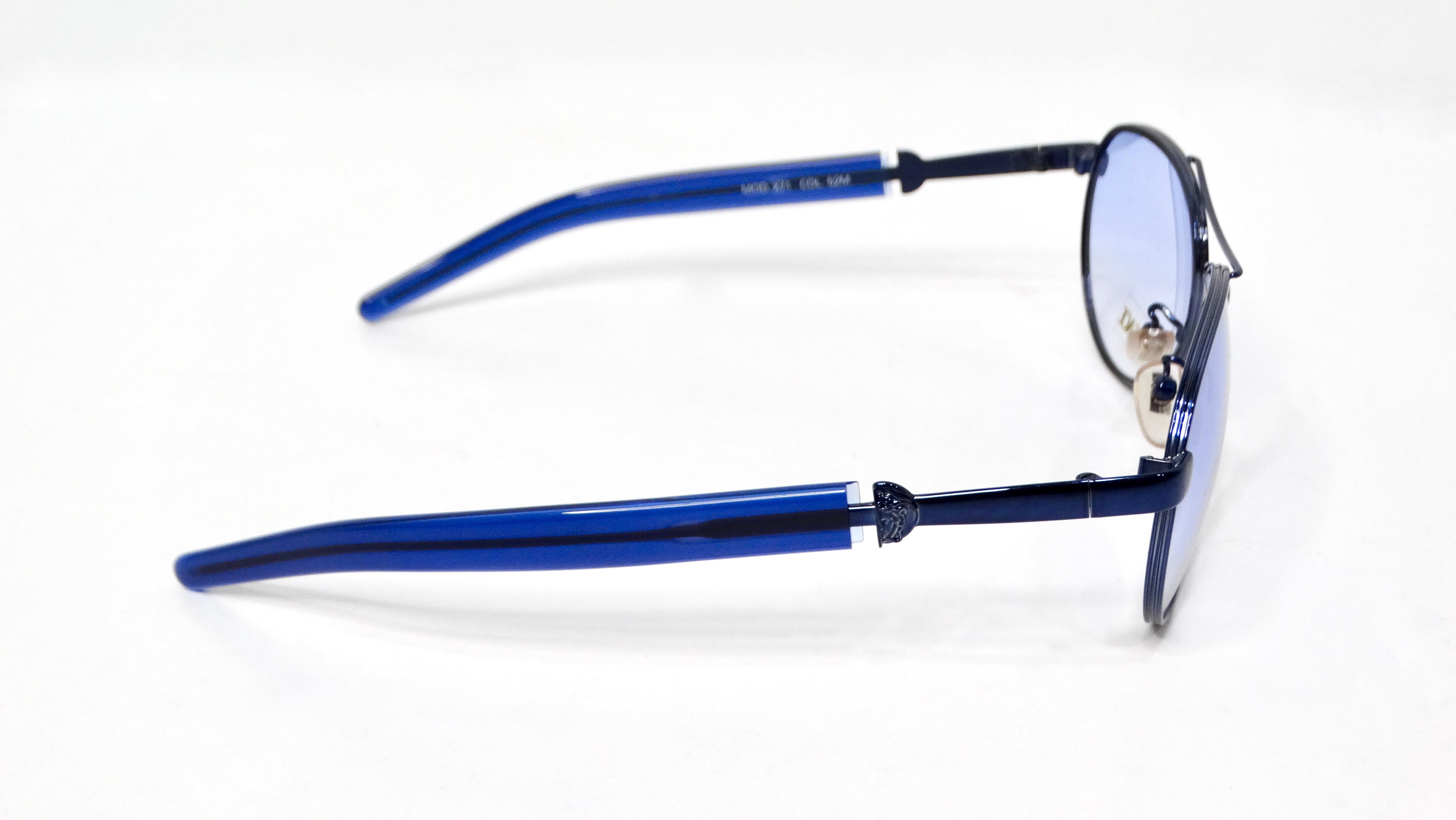1990s Versace Blue Tinted Metal Aviator Frame Sunglasses For Sale 4