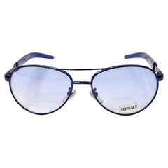 1990s Versace Blue Tinted Metal Aviator Frame Sunglasses
