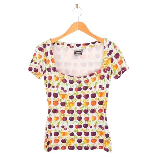 1990's Versace 'Cherry' Print Colourful fruit pattern Body con T Shirt