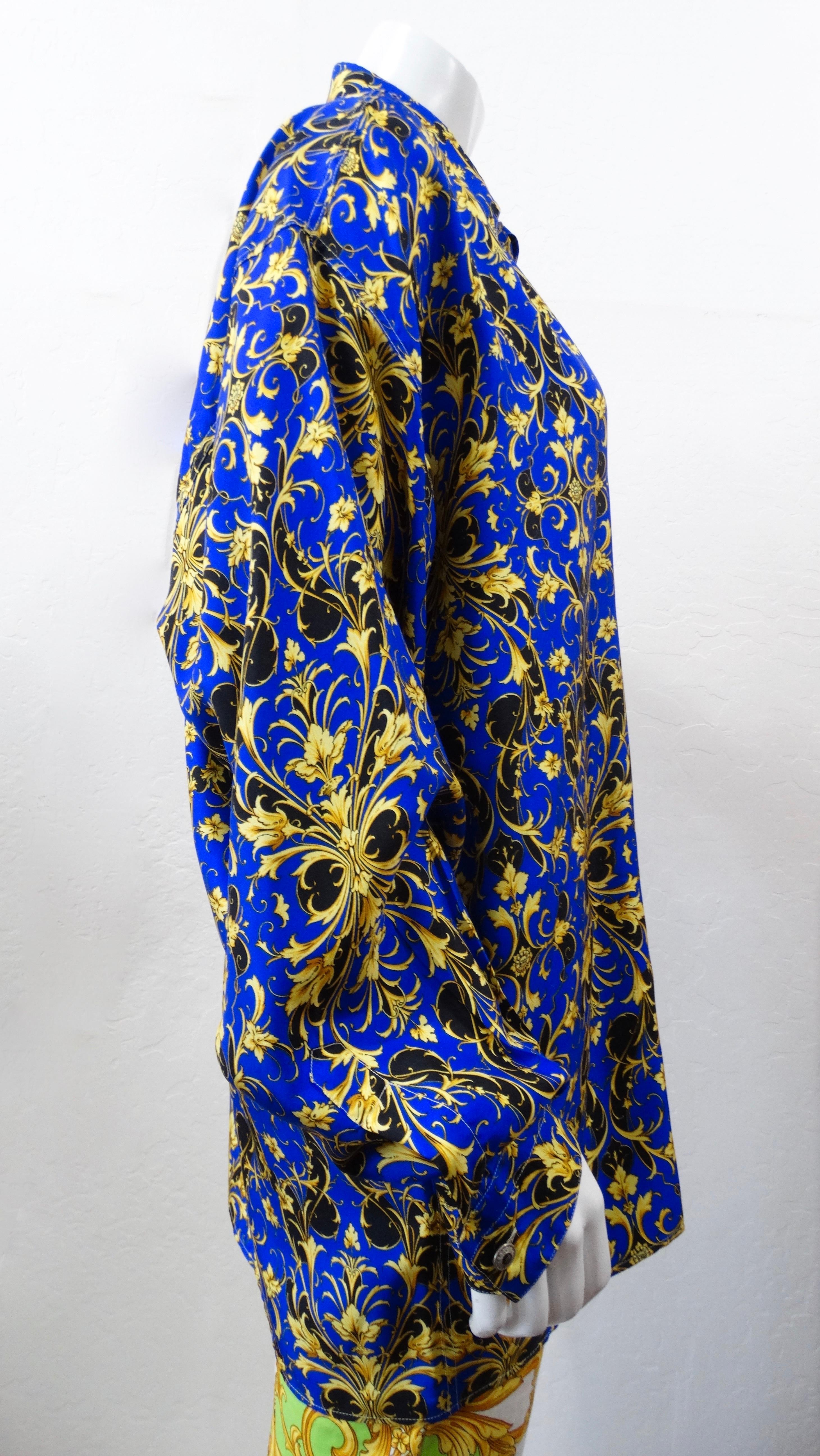 We all need a classic Versace Silk shirt in our wardrobe! Circa 1990s, this Versace Silk long sleeve button up is from the Classic V2 collection and features one of Gianni Versace's signature Baroque style prints in gold, cobalt blue and black.