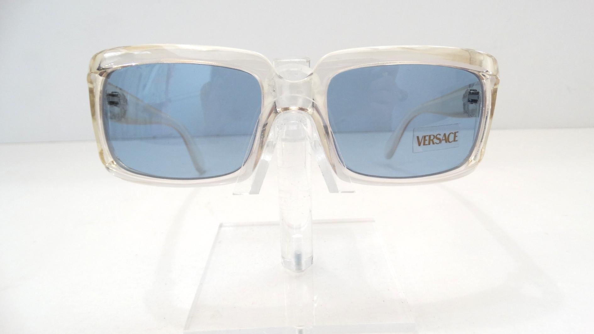 Women's or Men's Versace 1990s Clear Rectangular Frame Sunglasses For Sale