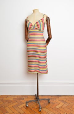 1990's Versace Colourful Rainbow striped Mesh Spaghetti Strap Slip Dress