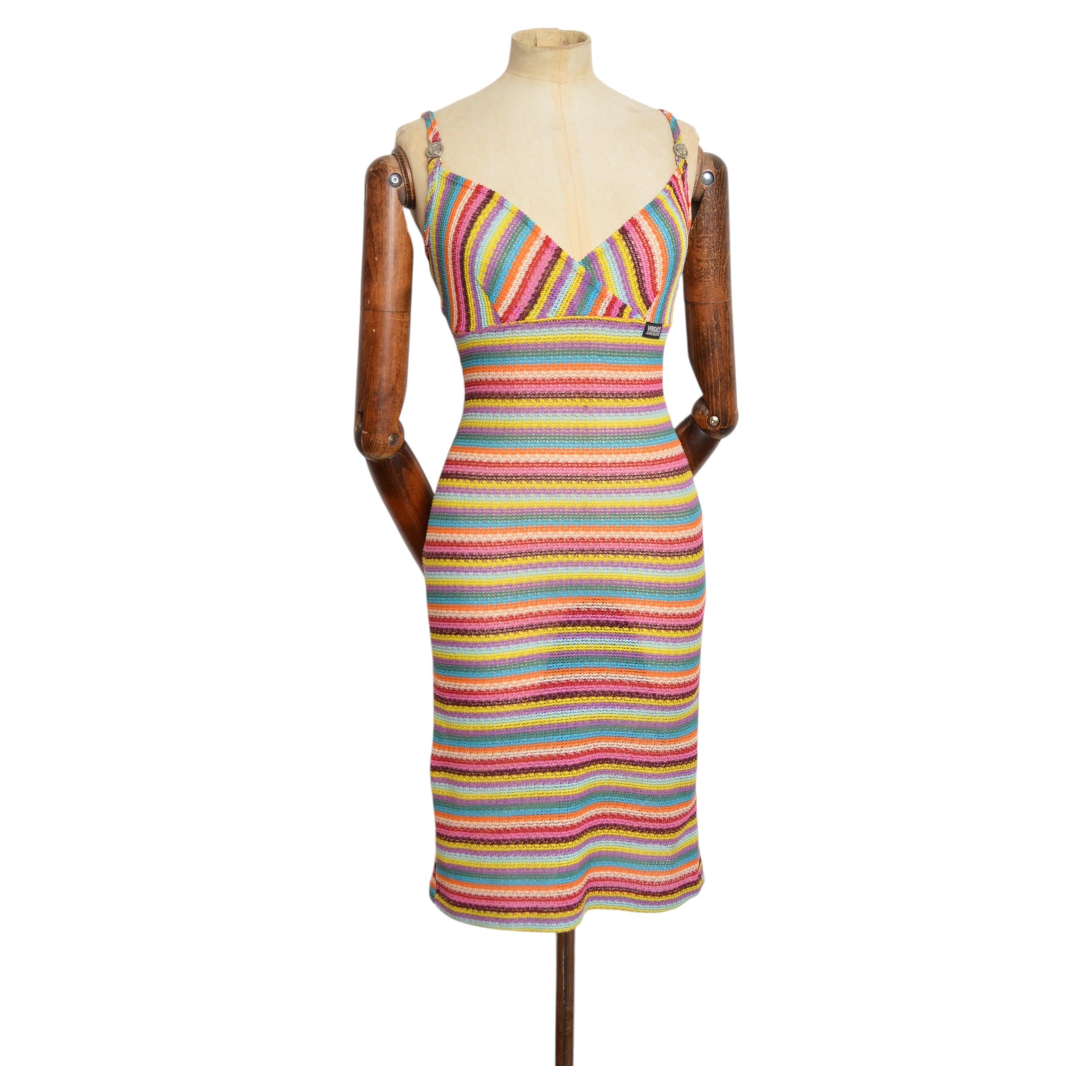 1990's Versace Colourful Rainbow striped Mesh Spaghetti Strap Slip Dress