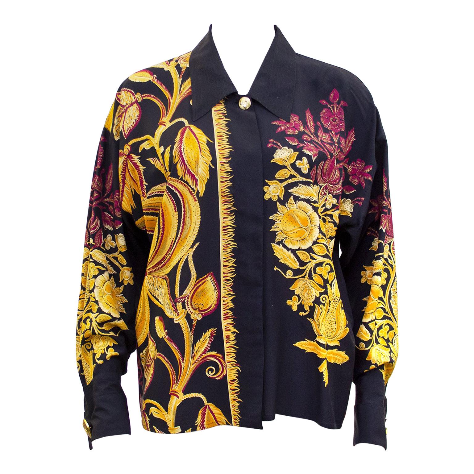 1990s Gianni Versace Couture Black Silk Blouse w Gold and Maroon Botanical Print For Sale