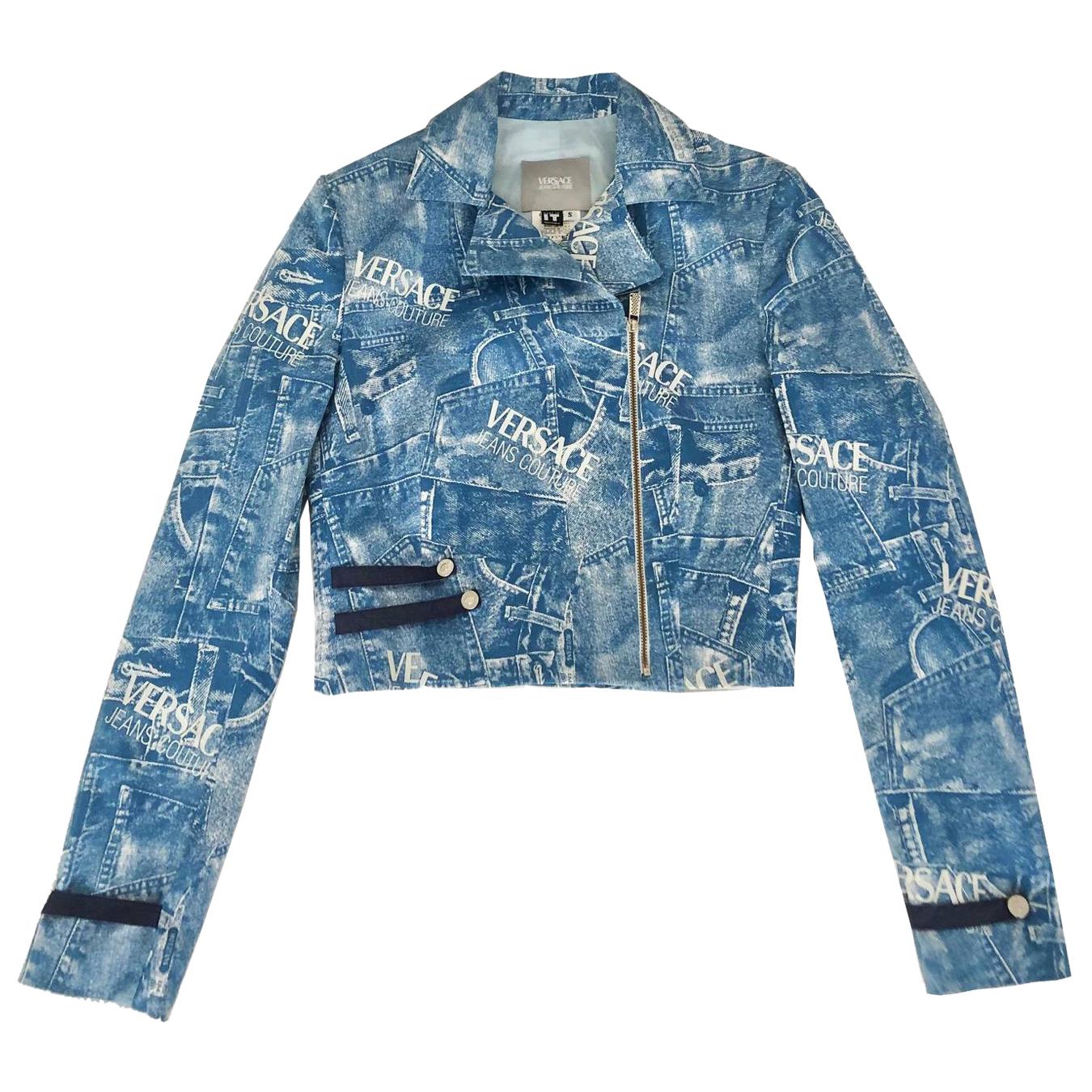 1990s Versace Couture blue denim print cropped bolero jacket 