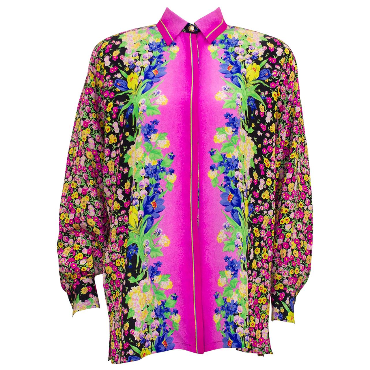 1990s Versace GV Versatile Couture Floral Silk Blouse 