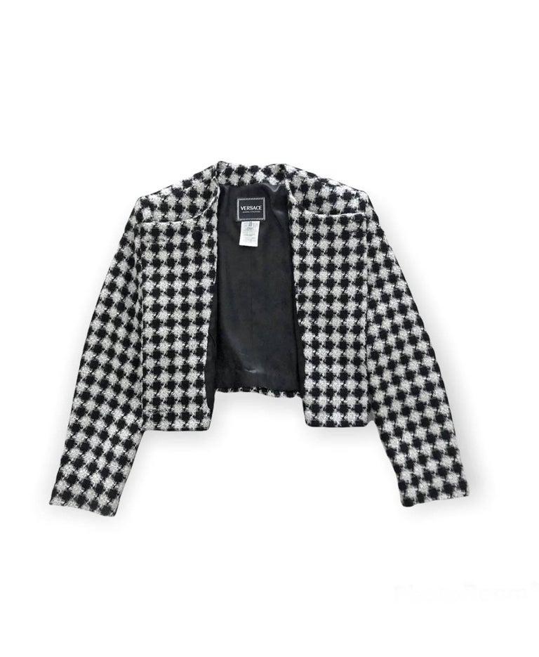 Black 1990s Versace Houndstooth Double Breasted Blazer For Sale