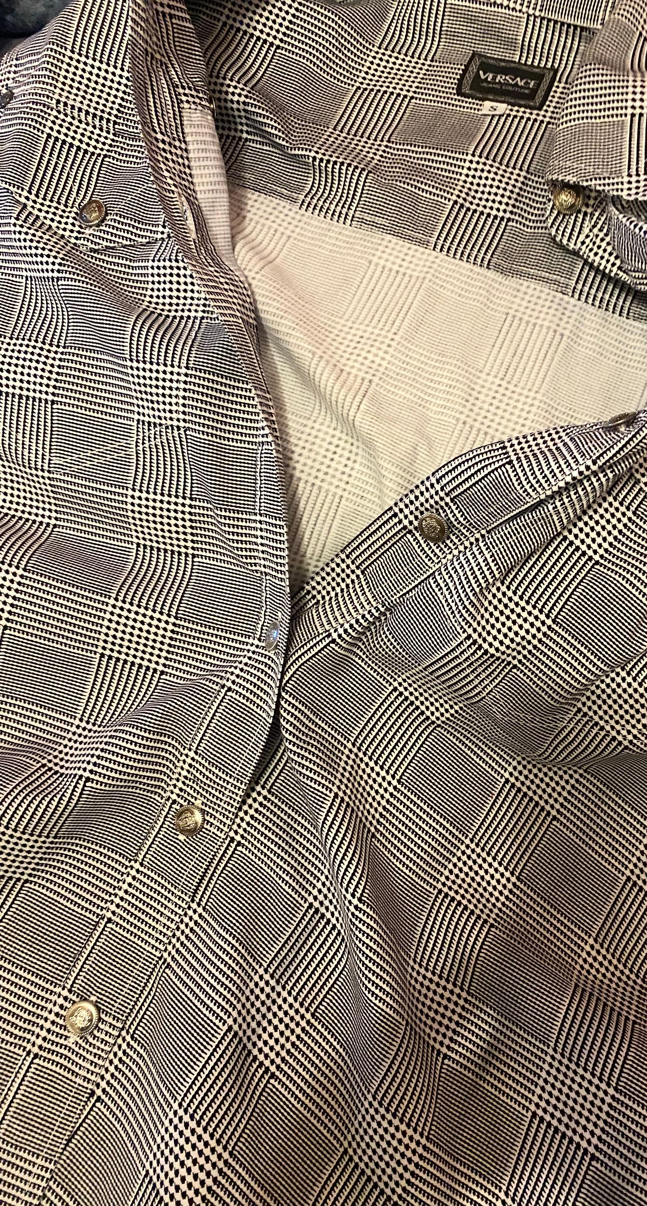 1990s VERSACE Medusa Houndstooth Cotton Oversized Shirt For Sale 1