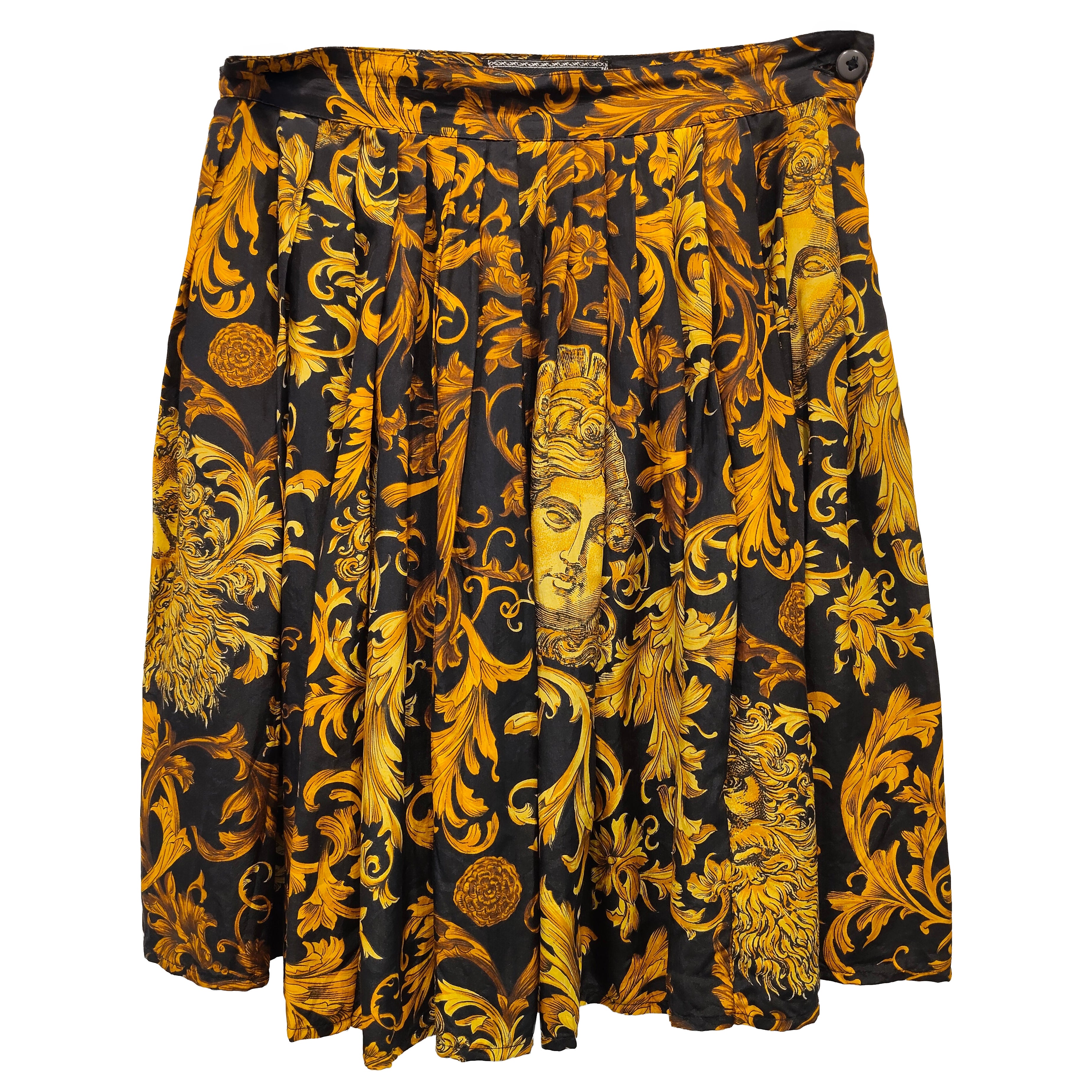 1990s Versace Jeans by Gianni Versace black gold baroque silk skirt size 40it For Sale