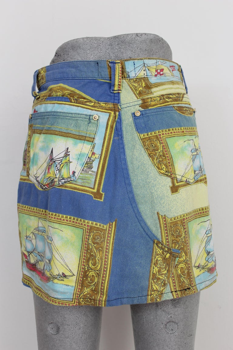 1990s Versace Jeans Couture Blue Baroque and Fish Pattern Mini Short Skirt  at 1stDibs