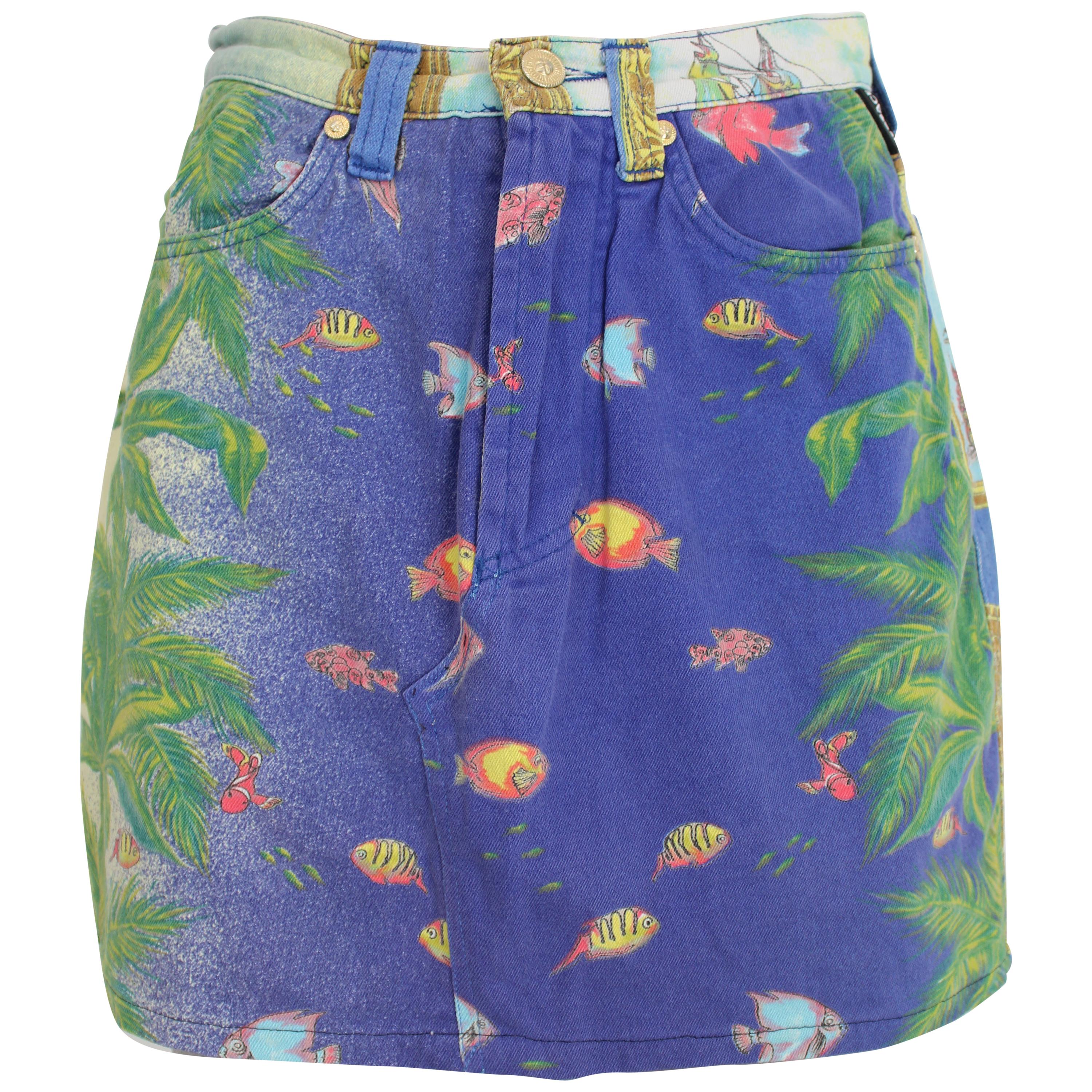 1990s Versace Jeans Couture Blue Baroque and Fish Pattern Mini Short Skirt