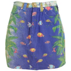 1990s Versace Jeans Couture Blue Baroque and Fish Pattern Mini Short Skirt 