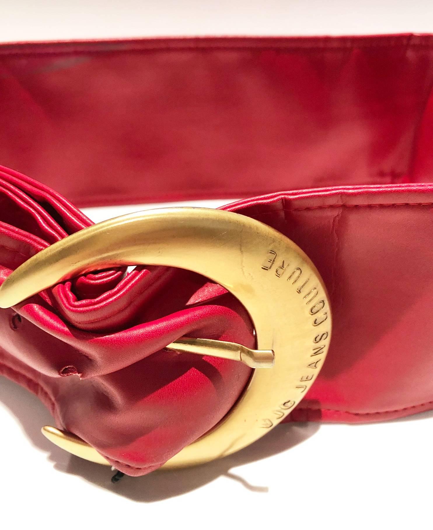 Women's or Men's 1990s Versace Jeans Couture Red Leather Gold Buckle High Waist Belt