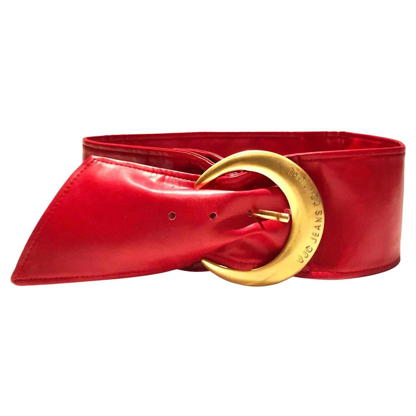 1990s Versace Jeans Couture Red Leather Gold Buckle High Waist Belt