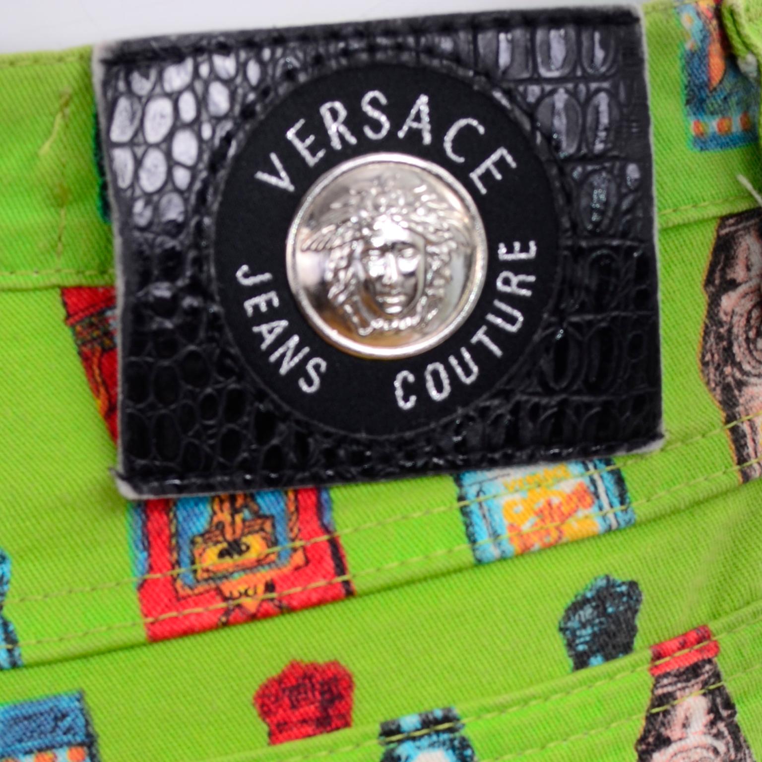 1990s Versace Jeans Couture Vintage Apple Green Bottle Print High Waist Pants For Sale 8