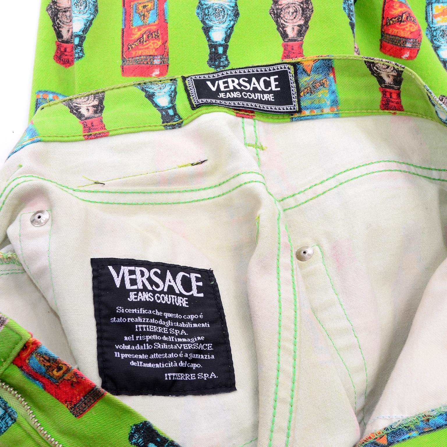 1990s Versace Jeans Couture Vintage Apple Green Bottle Print High Waist Pants For Sale 10