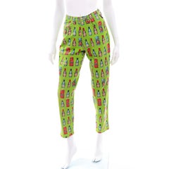 1990s Versace Jeans Couture Vintage Apple Green Bottle Print High Waist Pants