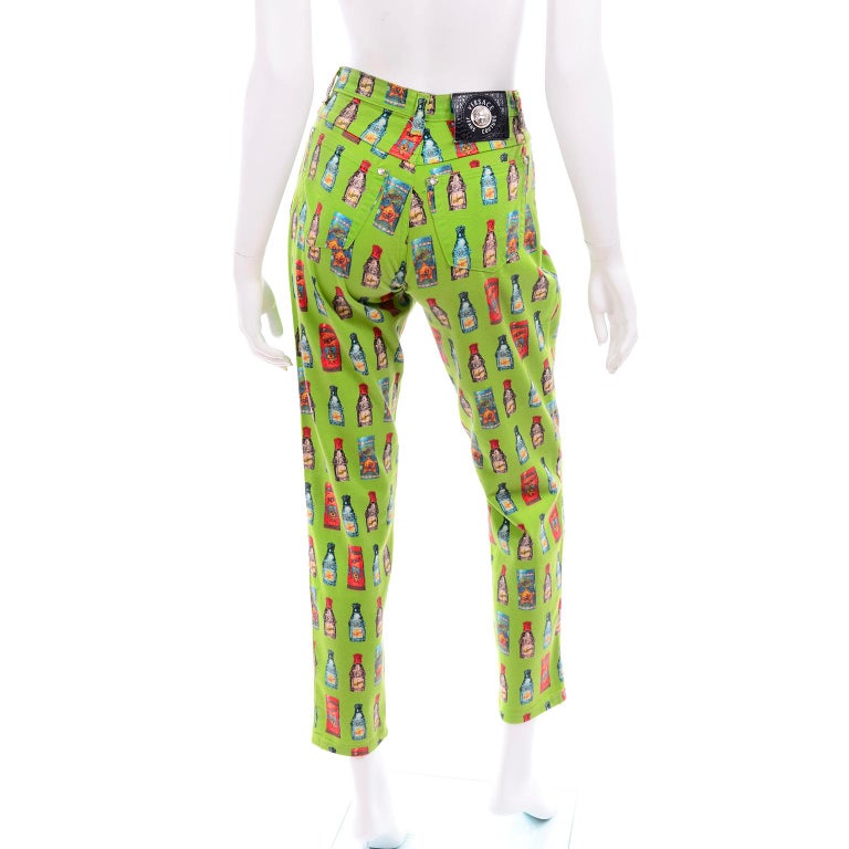 1990s Versace Jeans Couture Vintage Apple Green Bottle Print High Waist